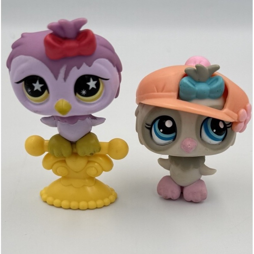 Littlest Pet Shop LPS # 1476 Grey Owl BLUE Bow Eyes & Hat #841 Purple Owl‎ Perch